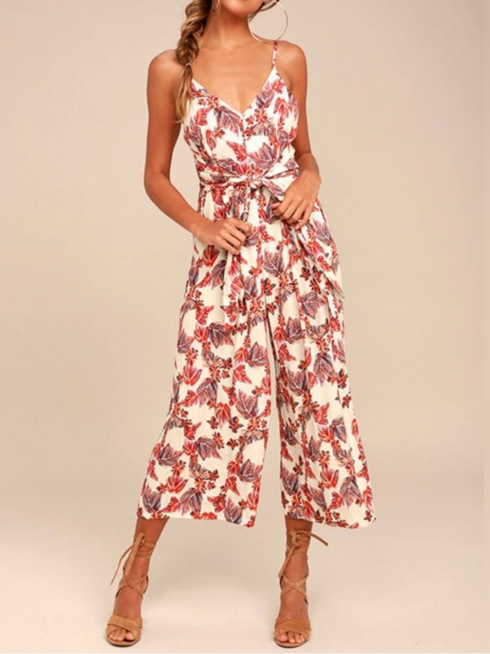 Free People Hot Tropics Floral Tie-Waist Wide-Leg Jumpsuit Size 4
